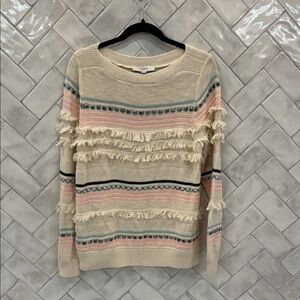 LOFT Women's Striped Fringe Sweater - Cream, Pink, and Blue